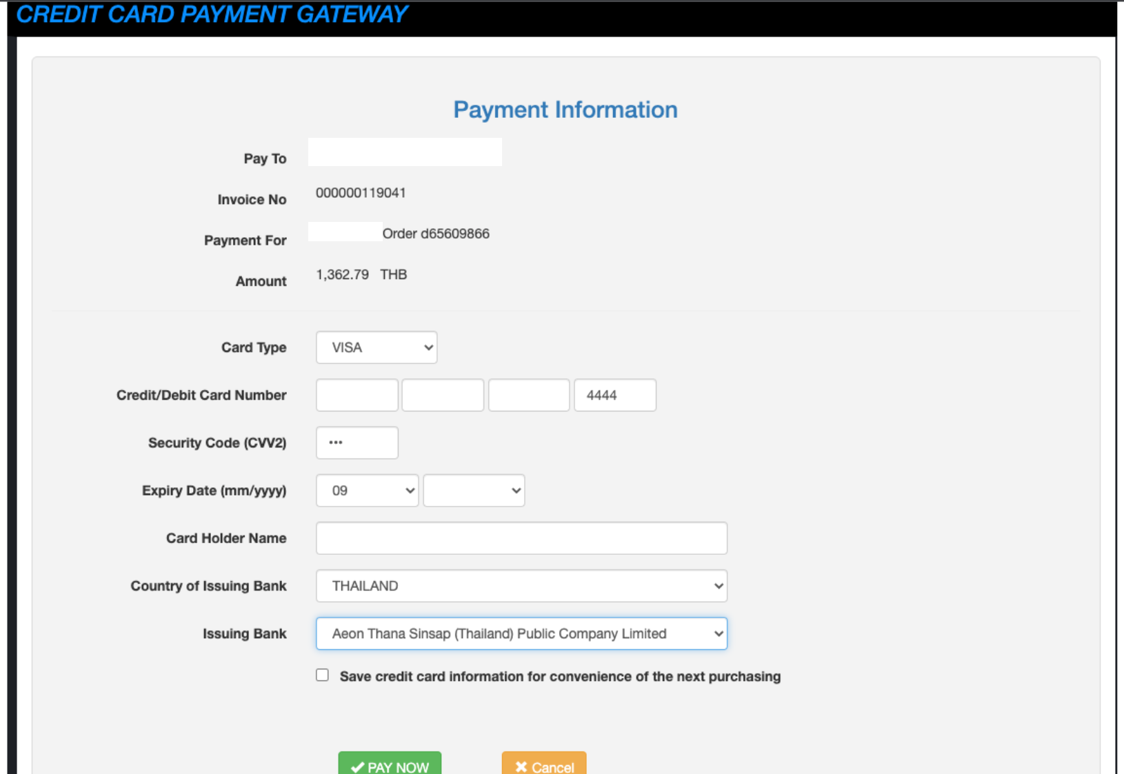 Credit Cards Thailand input information